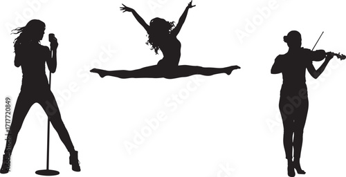 Dynamic collection of female performer silhouettes a vocalist, a dancer in motion, and a violinist. Versatile graphic elements for music, art, and entertainment designs
