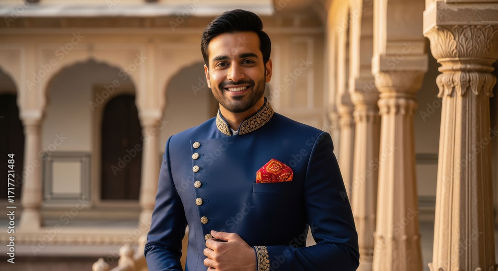 Fototapeta premium Young handsome indian man wearing traditional attire and standing confidently