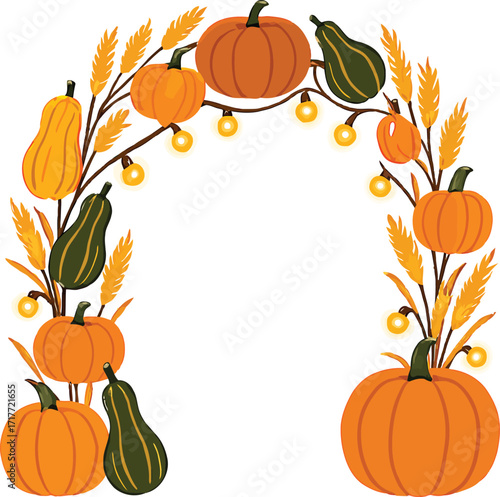 Autumn Harvest Archway with Pumpkins Gourds Wheat and Lights Keywords: autumn, fall, harvest, archway, pumpkins, gourds, wheat, string lights, decoration, seasonal, festive, nature, organic