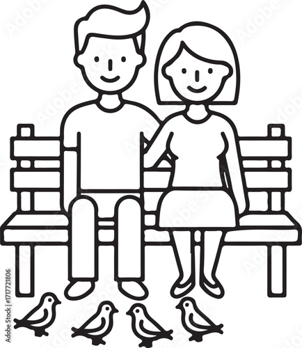 Couple watching pigeons on bench icon