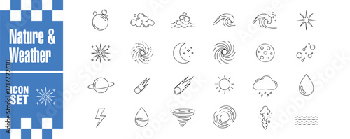 Nature and weather icon set collection of hand drawn elements representing various weather conditions, celestial bodies, and natural phenomena in a minimalist style
