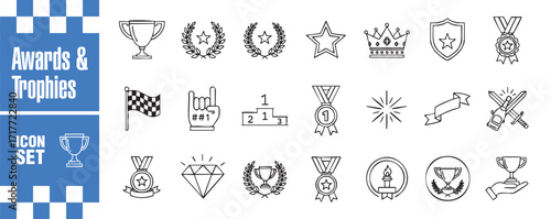 Awards and trophies icon set collection of line style vector icons related to victory, success, achievement, and competition perfect for web design