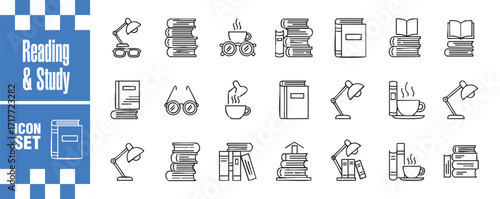 Reading and study icon set collection of linear vector illustrations related to books, lamps, glasses, and coffee, representing the act of reading and learning