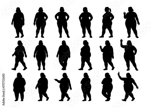 A series of silhouettes of overweight people are shown in various poses. Scene is one of determination and perseverance. Vector silhouette.