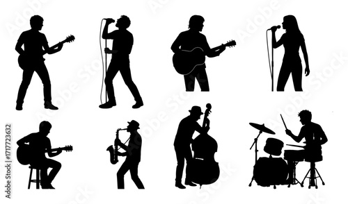 A series of silhouettes of musicians playing various instruments. Scene is energetic and lively. The silhouettes are black. Vector silhouette.