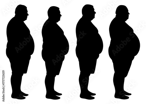Four silhouettes of men with varying degrees of obesity. The first man is the most overweight, while the fourth man is the least. Vector silhouette.