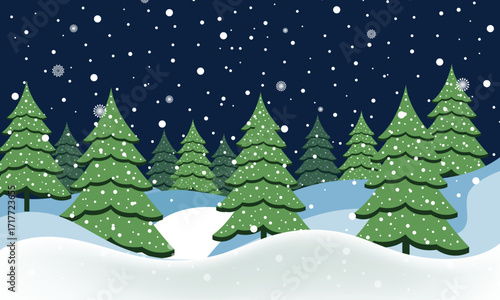 Christmas winter landscape with fir trees and snowdrifts. Snowy forest scene with falling snowflakes. Winter wonderland background