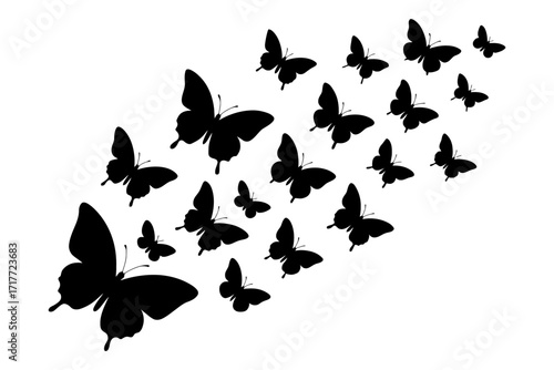 A group of butterflies flying in a line. The butterflies are all black and white. The image has a peaceful and serene mood. Vector silhouette.