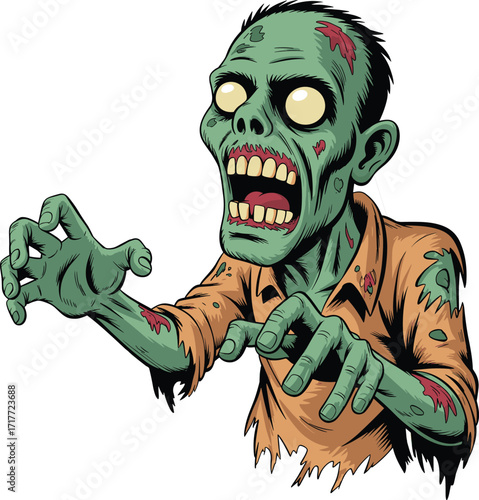 Cartoon zombie with glowing eyes, green skin, sharp teeth, aggressive pose, horror illustration, Halloween undead character, spooky scary monster drawing