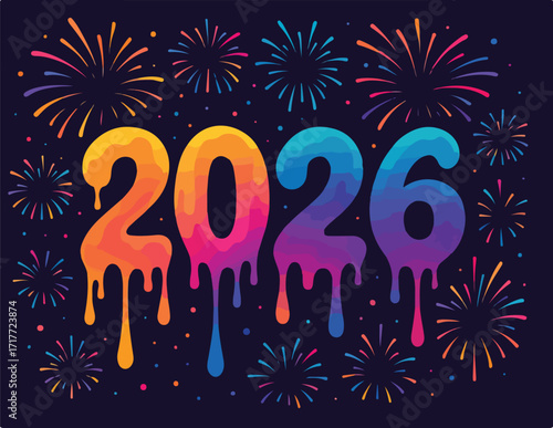 Dripping Numbers 2026 With Colorful Fireworks On Dark Background Keywords: 2026, new year, celebration, fireworks, dripping, melting, colorful, gradient, numbers, year, holiday, event, party
