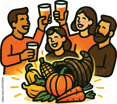 Friends Toasting Drinks With A Cornucopia Of Harvest Foods cheers celebration