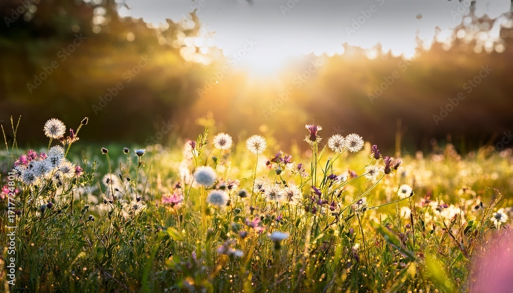 Obraz premium Sun Drenched Wildflower Meadow With Magical Sun Rays And Bokeh Background Serene Summer Backlight