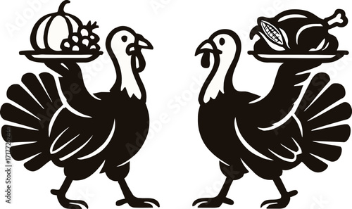 Two Stylized Turkeys Holding Platters With Thanksgiving Food On White Background Keywords: thanksgiving, turkey, food, harvest, autumn, fall, holiday, celebration, platter, serving, cooked food