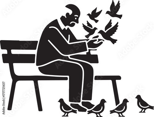 Old man sitting on bench with flying birds