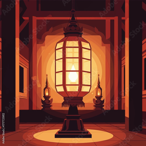 A large, ornate traditional Asian lantern glowing warmly in a temple-like interior with rich red and orange tones.