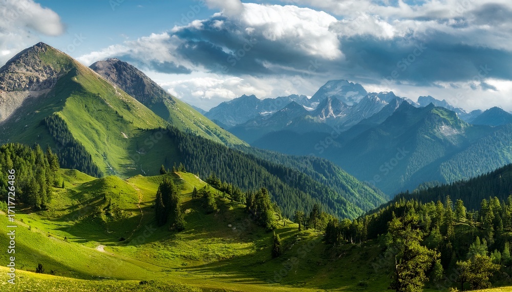 Fototapeta premium Mountains Covered With Green Forests And Meadows