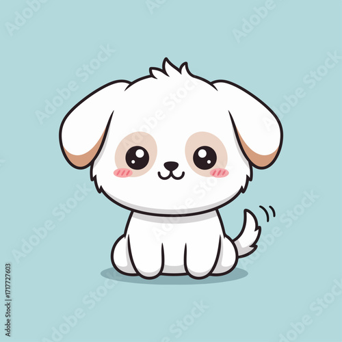 Adorable kawaii puppy sitting happily with wagging tail and big sparkling eyes