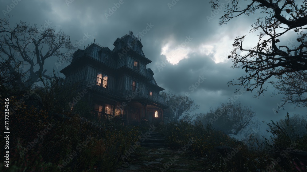 Obraz premium Spooky haunted house at night with ominous clouds and gnarled trees