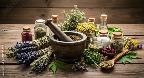 Arrangement of organic dried and fresh herbs, natural spices, and botanical ingredients with a traditional mortar and pestle, symbolizing holistic wellness and ancient healing