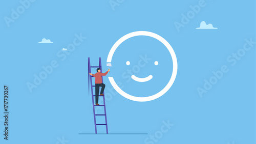 Happy boy climb up ladder to paint smile face on the wall. Happiness and positive thinking, optimism or motivation to live happy life.