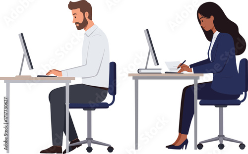 Businessman and businesswoman working at desk, professional office teamwork, computer workplace productivity, modern corporate collaboration, business strategy planning, office communication success