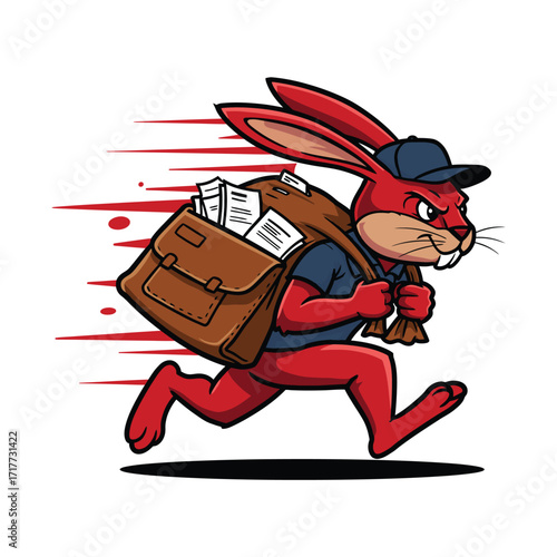 Fast rabbit mascot delivery courier running with backpack full of parcels representing express service, speed and logistics vector illustration