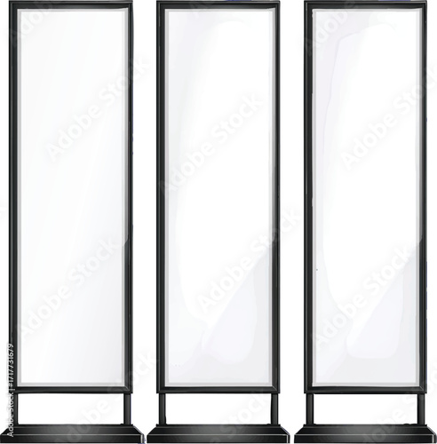 Three Tall Rectangular Digital Billboards with Blank White Screens on Stands display advertising