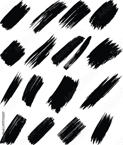 A black seamless pattern with flying bird silhouettes and hand drawn ink splashes