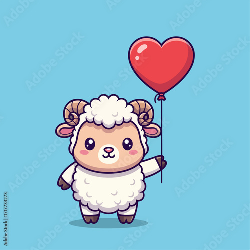 Cute Kawaii Lamb With Red Balloon Standing Cheerfully In Bright Blue Scene

