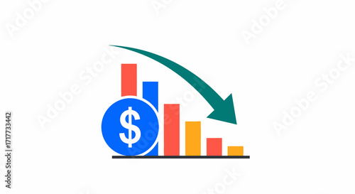 Financial decline bar chart with dollar sign vector illustration icon