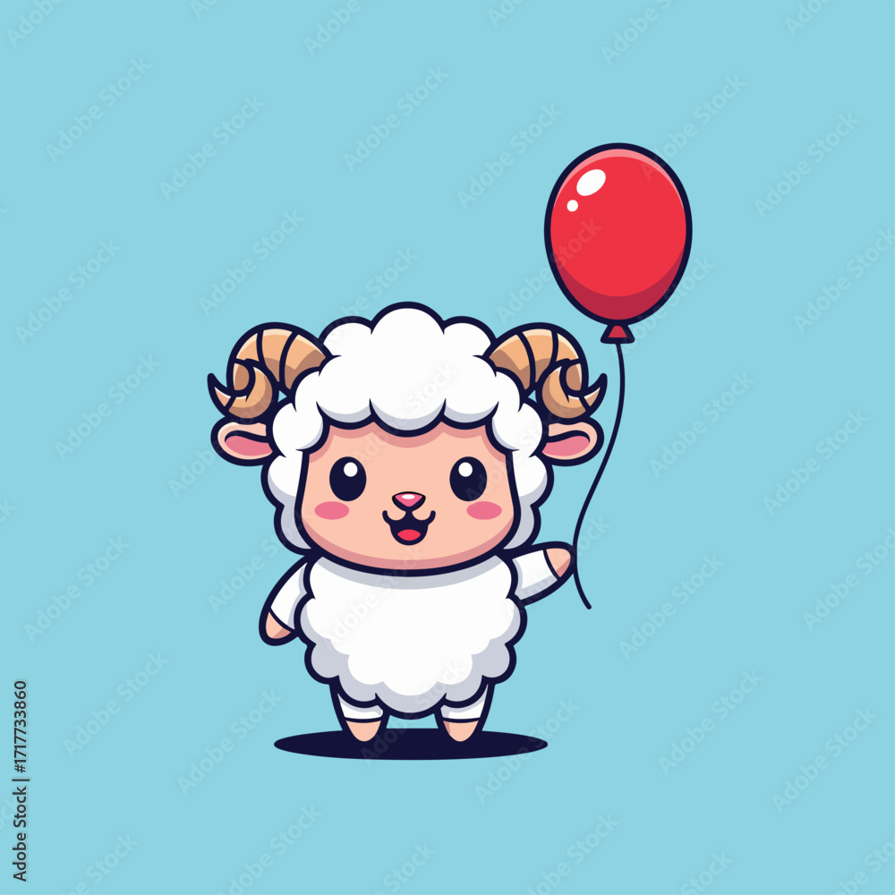 Fototapeta premium Cute kawaii lamb holding red balloon with sweet expression and pastel background