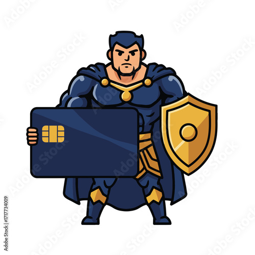 Strong superhero mascot holding giant credit card and shield representing digital finance security, online banking and safe payments vector illustration