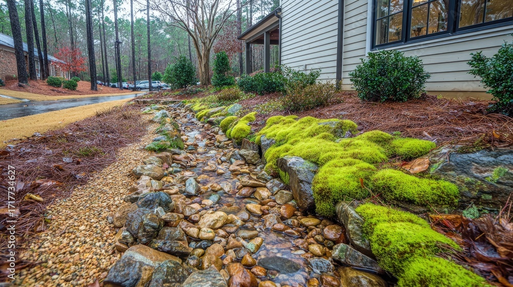 Obraz premium Natural Stone Stream with Green Moss in Residential Landscape Design Surrounded by Pine Trees and Mulch Pathway