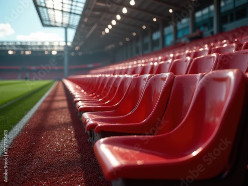 Empty substitution dugout seats beside football pitch in stadium