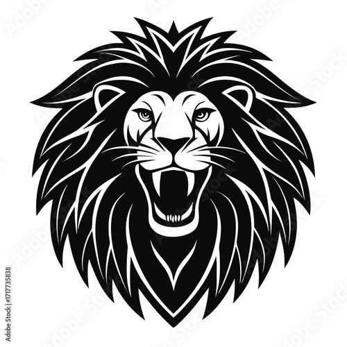 Bold and Fierce Lion Head Illustration Majestic Mane and Intimidating Roar Symbolic Representation of Power and Courage Black and White Design