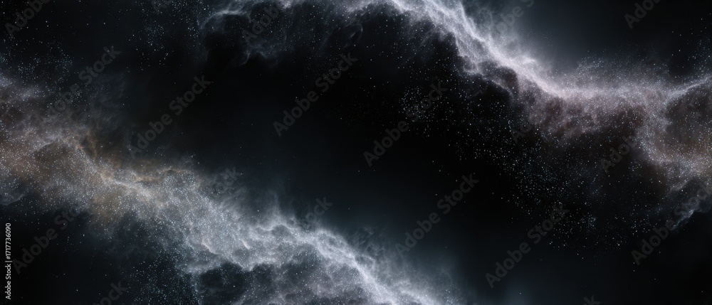 Fototapeta premium Abstract cosmic nebula background for financial technology presentation, seamless looping banner with silver particles, website hero image, corporate branding