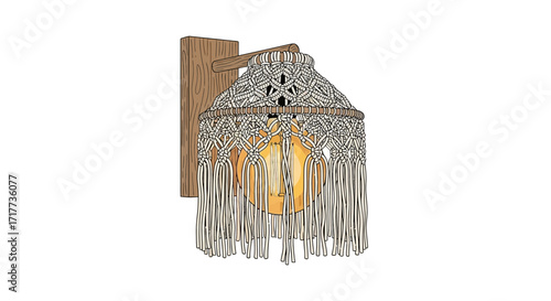 Handcrafted macrame lamp hanging on a wooden support for interior decoration