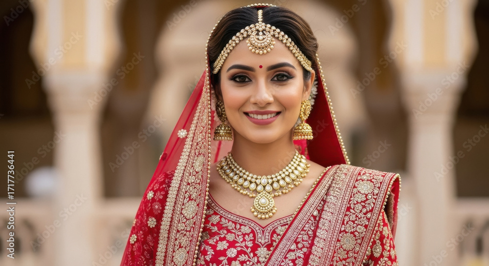 Fototapeta premium indian woman stands in red embroidered lehenga with ornate jewelry and dupatta,radiating festive Indian elegance and bridal charm.
