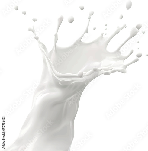 Milk splashing in a dynamic wave with droplets against a white background Keywords: milk, splash, liquid, dairy, white, fluid, drink, beverage, fresh