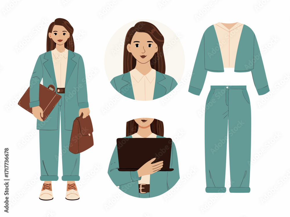 Obraz premium Casual young business woman holding laptop. Character constructor for animation, set of women in different poses, working women vector, set working women, set of business women,