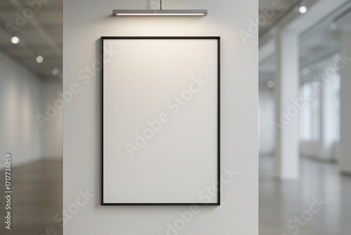 Blank poster mockup, empty frame on gallery wall, modern art exhibition background, minimalist interior with copy space, sophisticated artistic concept