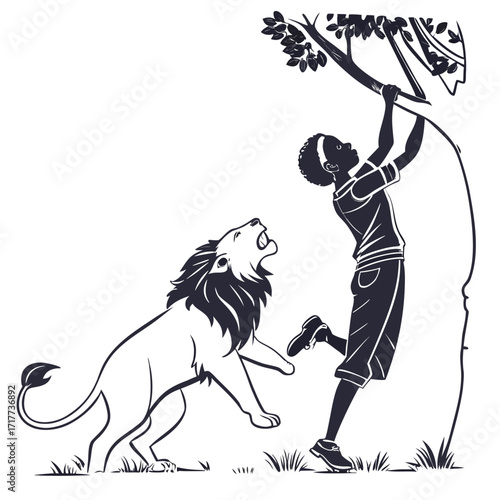 A Perilous Encounter a Boy Seeks Refuge as a Lion Roars Below a Tree