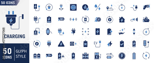 Charging Flat Icons set. Containing battery, energy, charger, and more. Vector illustration