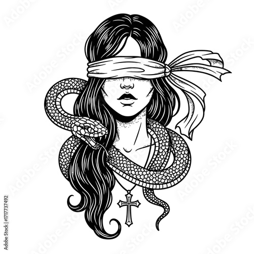 Blindfolded woman with snake coiled around her neck.