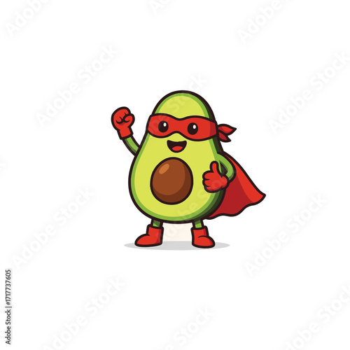 Cute Cartoon Avocado Superhero Character with Red Mask and Cape, Funny Healthy Fruit Mascot Vector Illustration