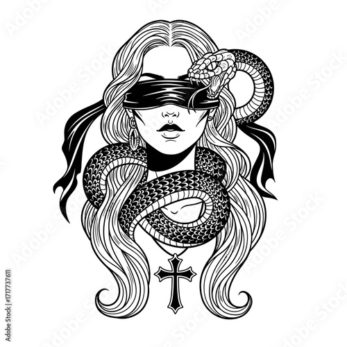 A black and white illustration of a blindfolded woman with a snake wrapped around her neck and a cross pendant.
