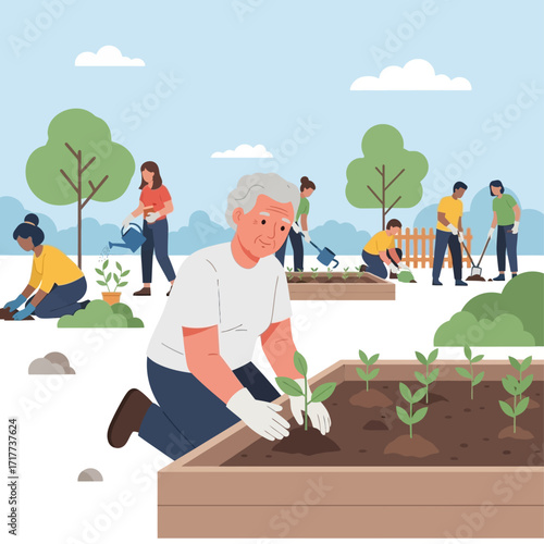 Community garden volunteers planting seedlings and tending to plants.