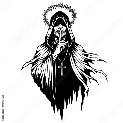 Grim Reaper-like figure in a hooded robe, making a silence gesture, with a crown of thorns and cross.