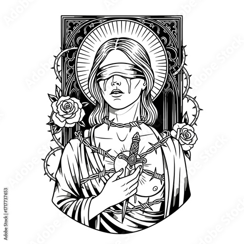 A blindfolded woman with a halo, pierced by a sword and surrounded by thorns and roses, symbolizing suffering and sacrifice.