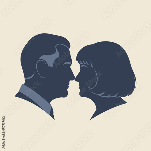 Close-up profiles of a couple, a man and a woman, gazing at each other with affection in minimalist silhouette style.